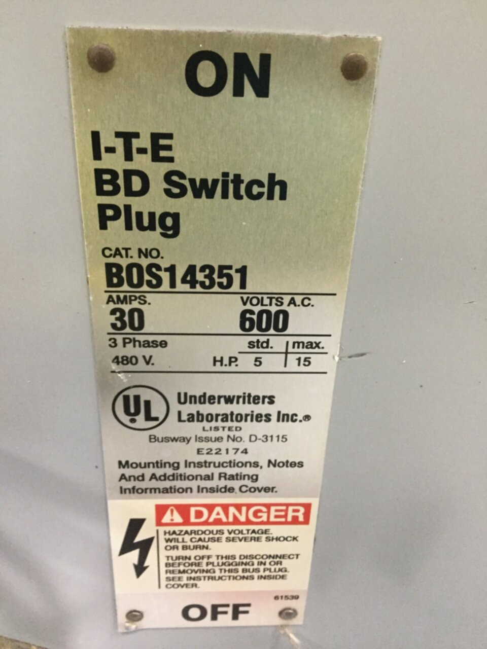 Details about   ITE B0S14351 BD SWITCH PLUG 30 AMP *USED* 