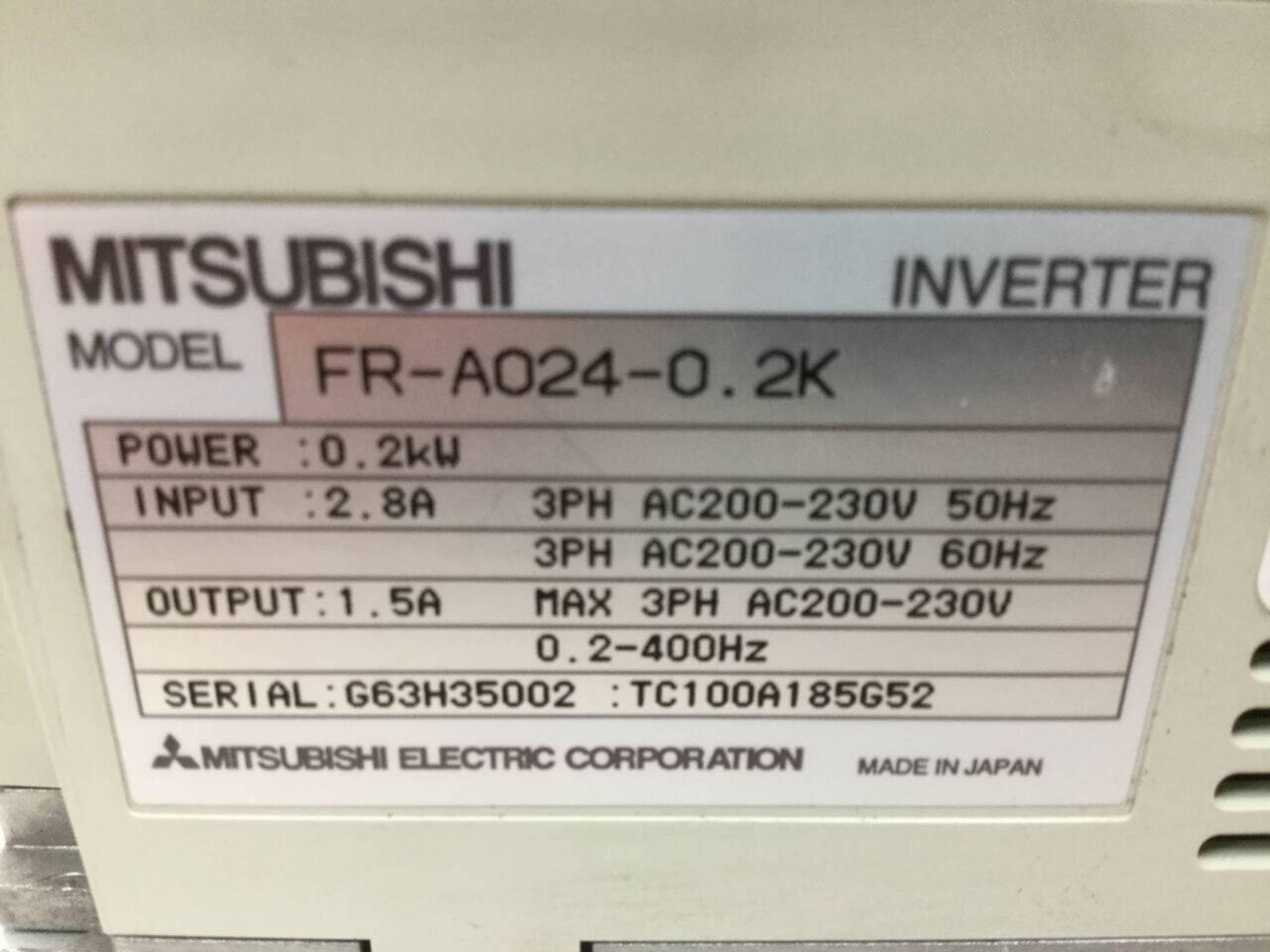 W/ FR-PU03 UNIT 0.2KW MITSUBISHI FR-A024-0.2KP INVERTER AC200-230V 50/60HZ 
